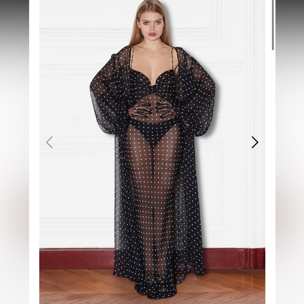 Rosamosario 100% Silk Georgette Polka Dot Peignoir Dress and Robe Black & White